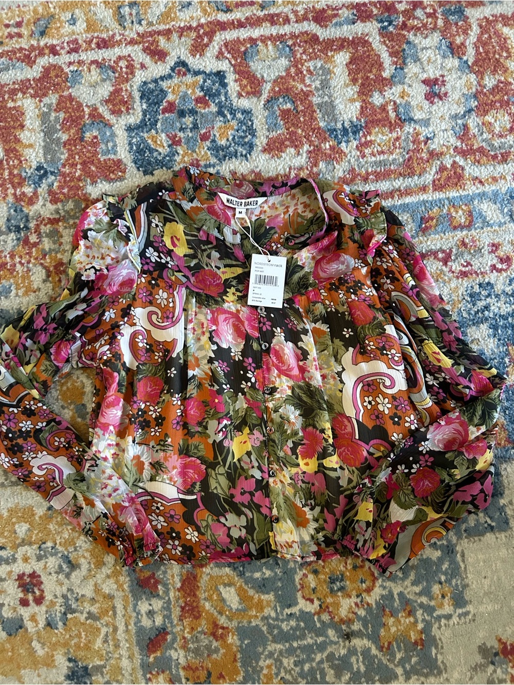 NWT Walter Baker Floral Puff Sleeve Blouse - Pink, Orange, Green, Cream - Picture 5 of 7
